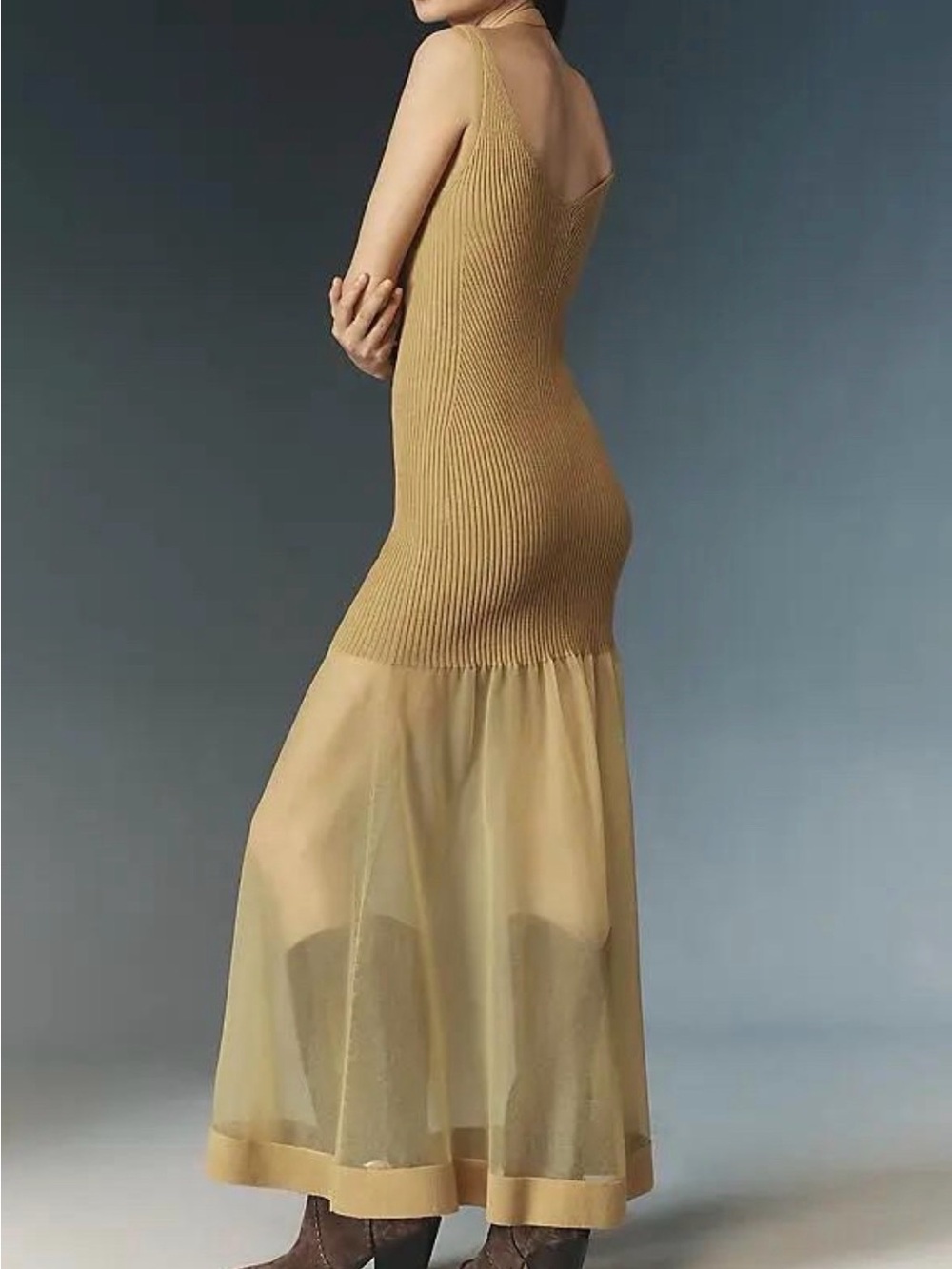 Anthropologie Sleeveless Ribbed Knit Maxi Dress in Mustard with tule.  NWOT